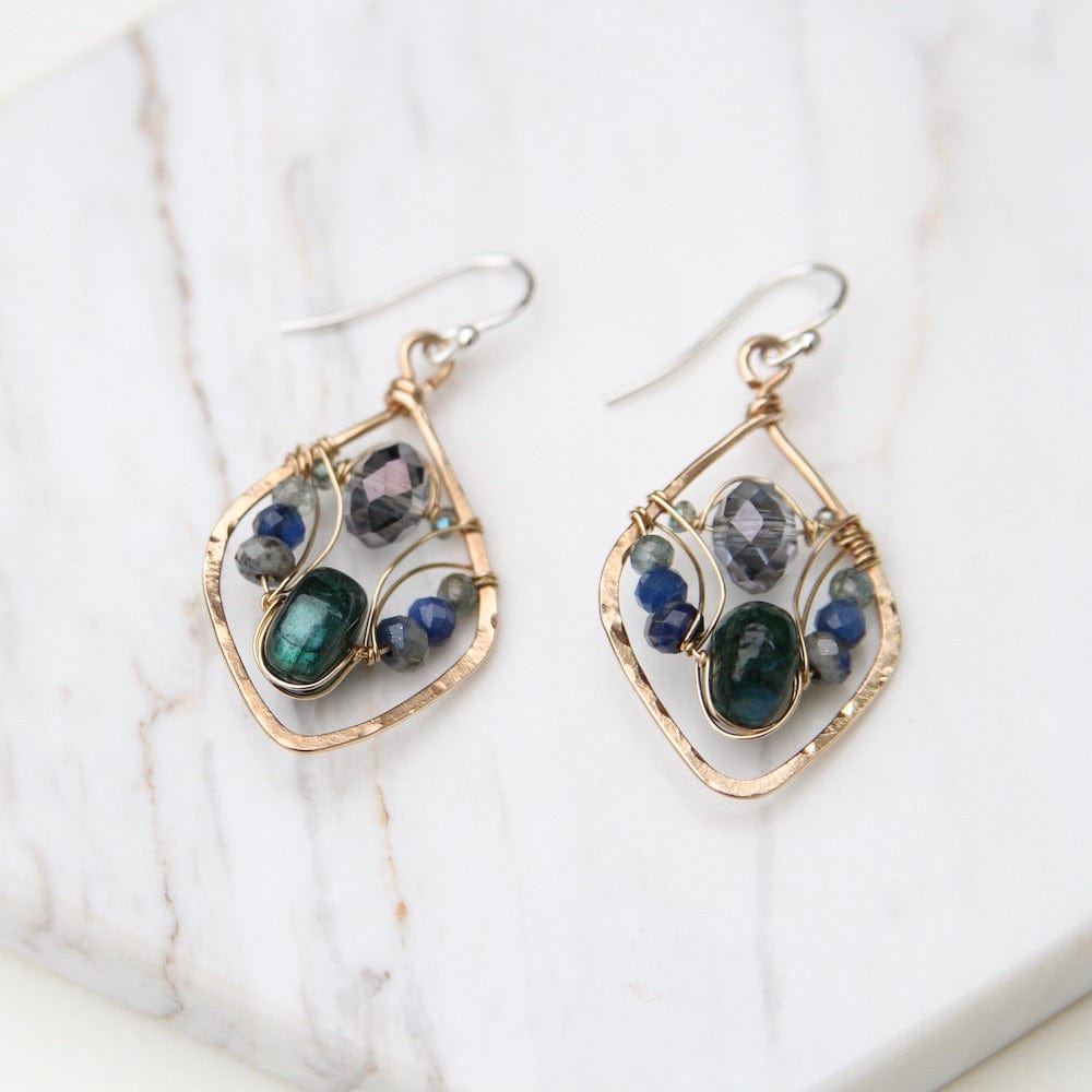 EAR Hand Formed Brass Drops With Green Labradorite Earring