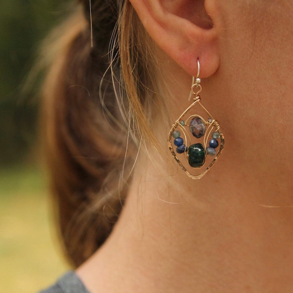 EAR Hand Formed Brass Drops With Green Labradorite Earring