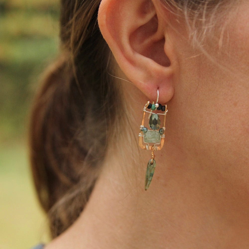 EAR Hand Formed Bronze Box Earring Green Kyanite Earring