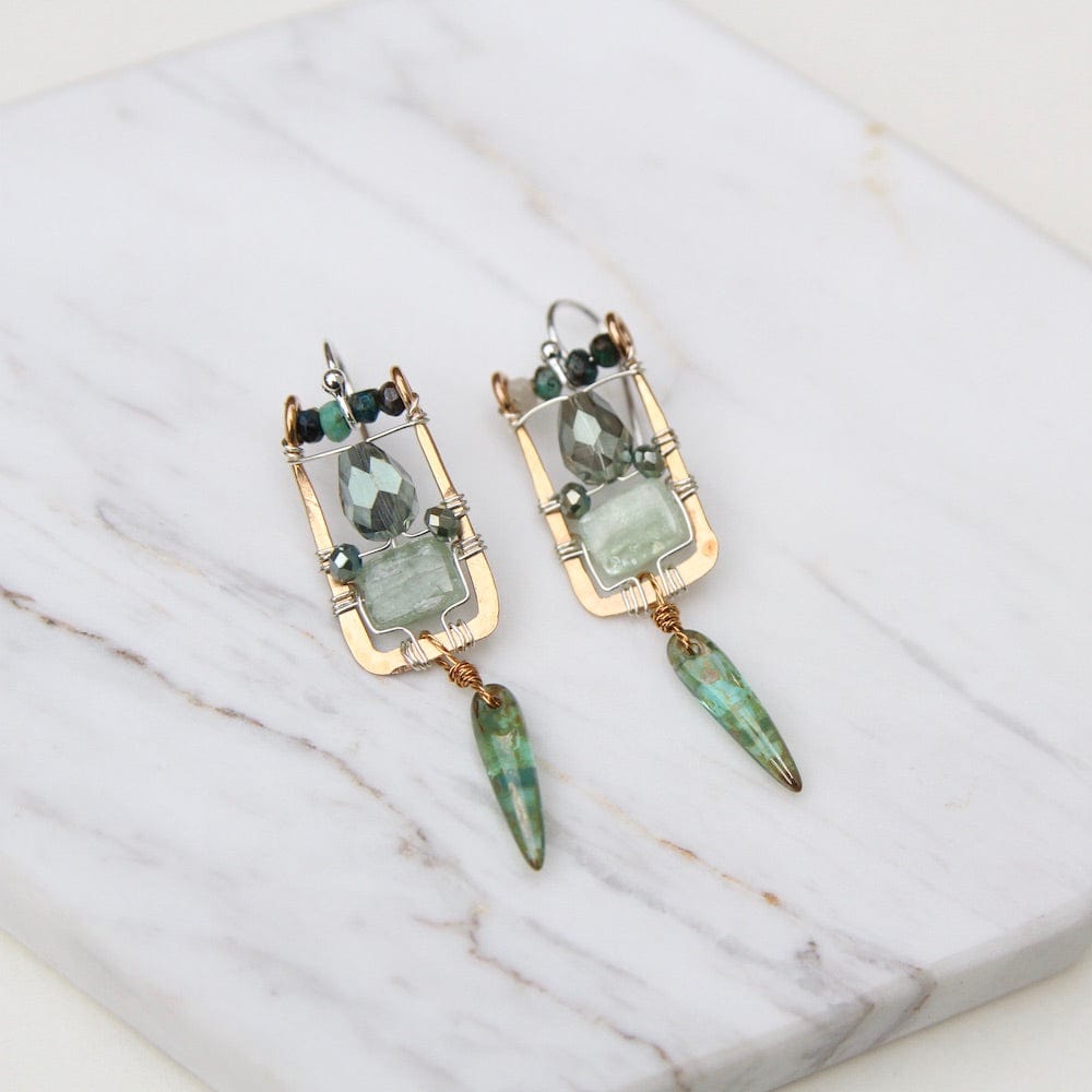 EAR Hand Formed Bronze Box Earring Green Kyanite Earring