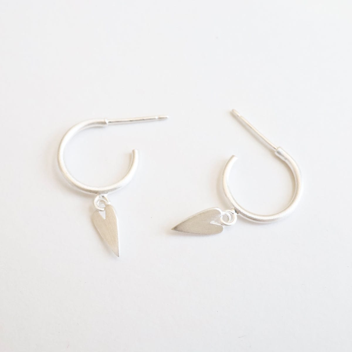 EAR Hoop with Hanging Long Heart - Brushed Sterling Silver