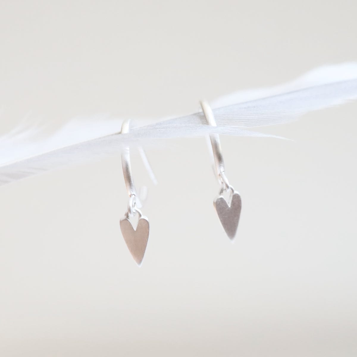 EAR Hoop with Hanging Long Heart - Brushed Sterling Silver