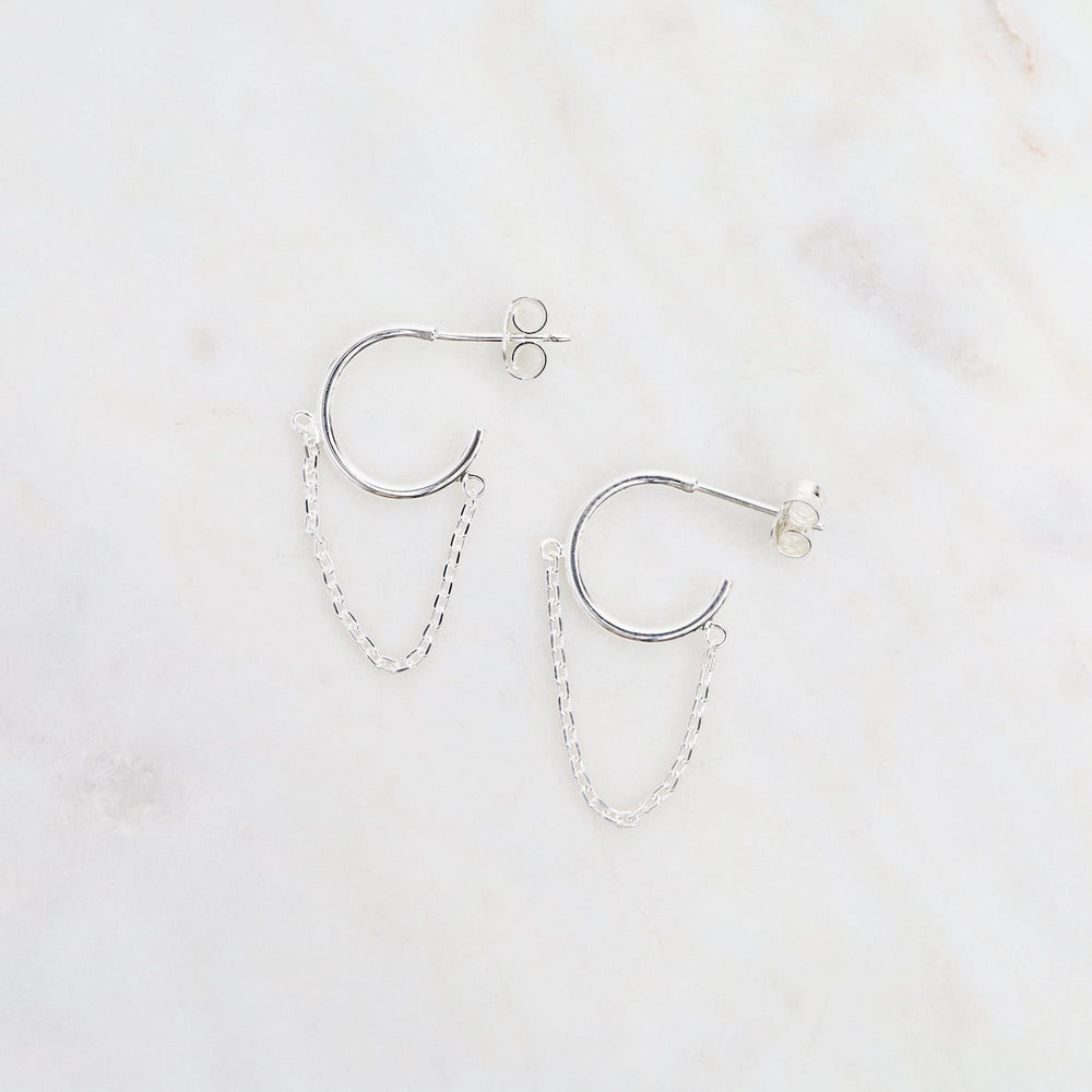 EAR Hoops on Post with Dangling Chain - Sterling Silver