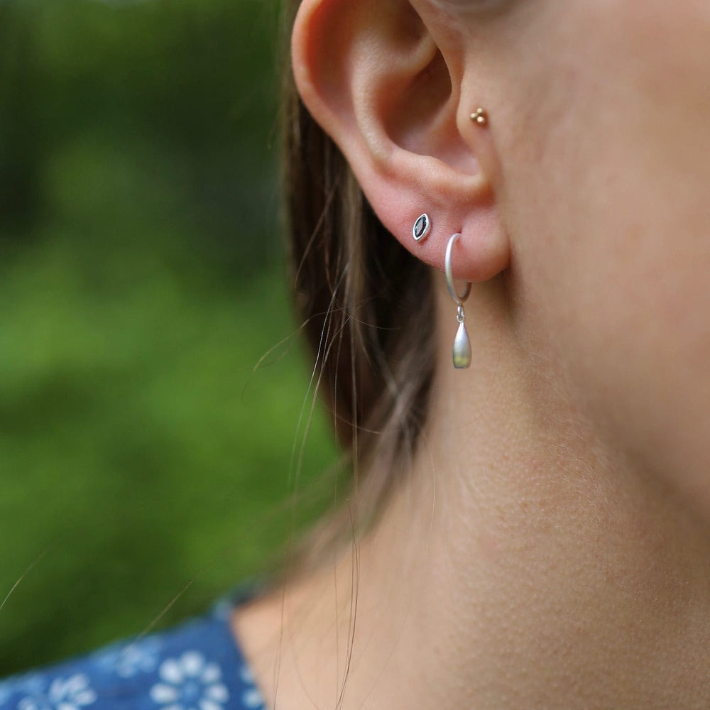 EAR Hoops with Hanging Drop - Brushed Sterling Silver