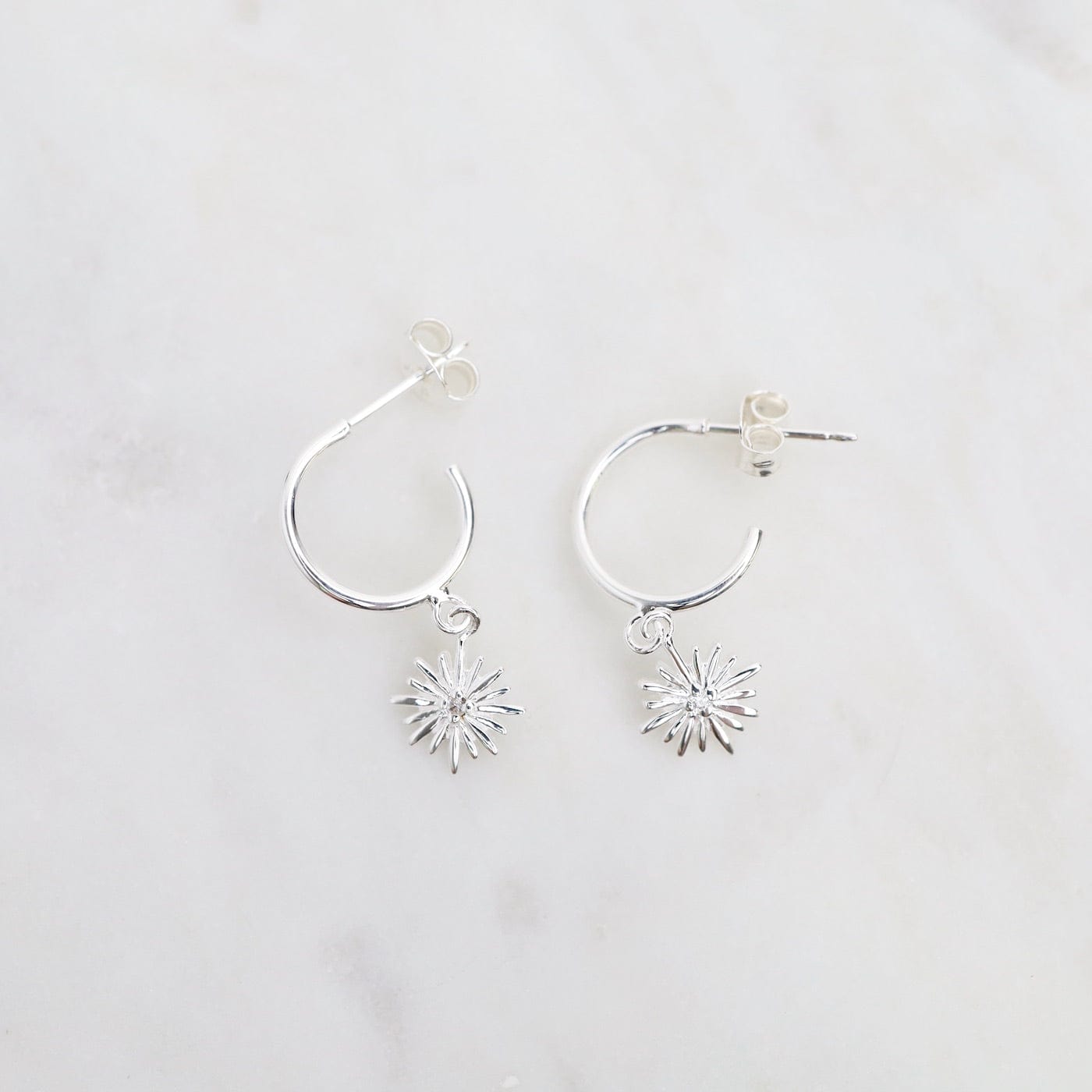 EAR Hoops with Hanging Sunburst - Sterling Silver