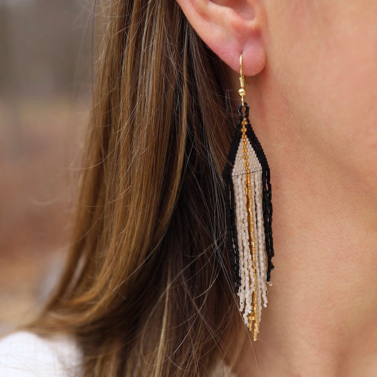 EAR Jane Triangle with Gold Stripe Beaded Fringe Earrings