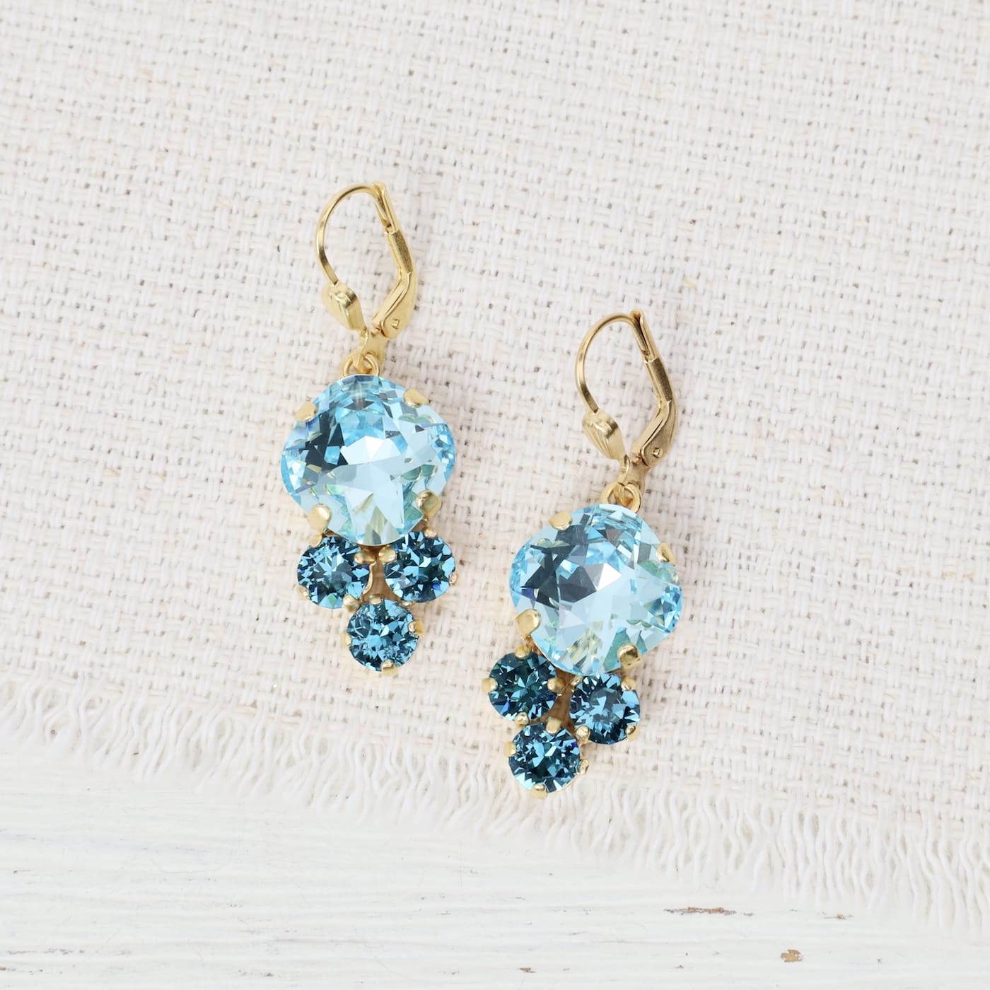 EAR-JM Aqua Round with Trio Drop Earrings- Gold Plate