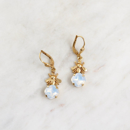 EAR-JM Bee with White Opal Crystal Earring - Gold Plate