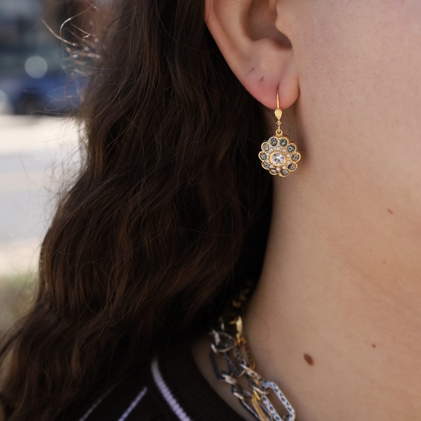 EAR-JM Black Diamond and Pearl Flower Earrings