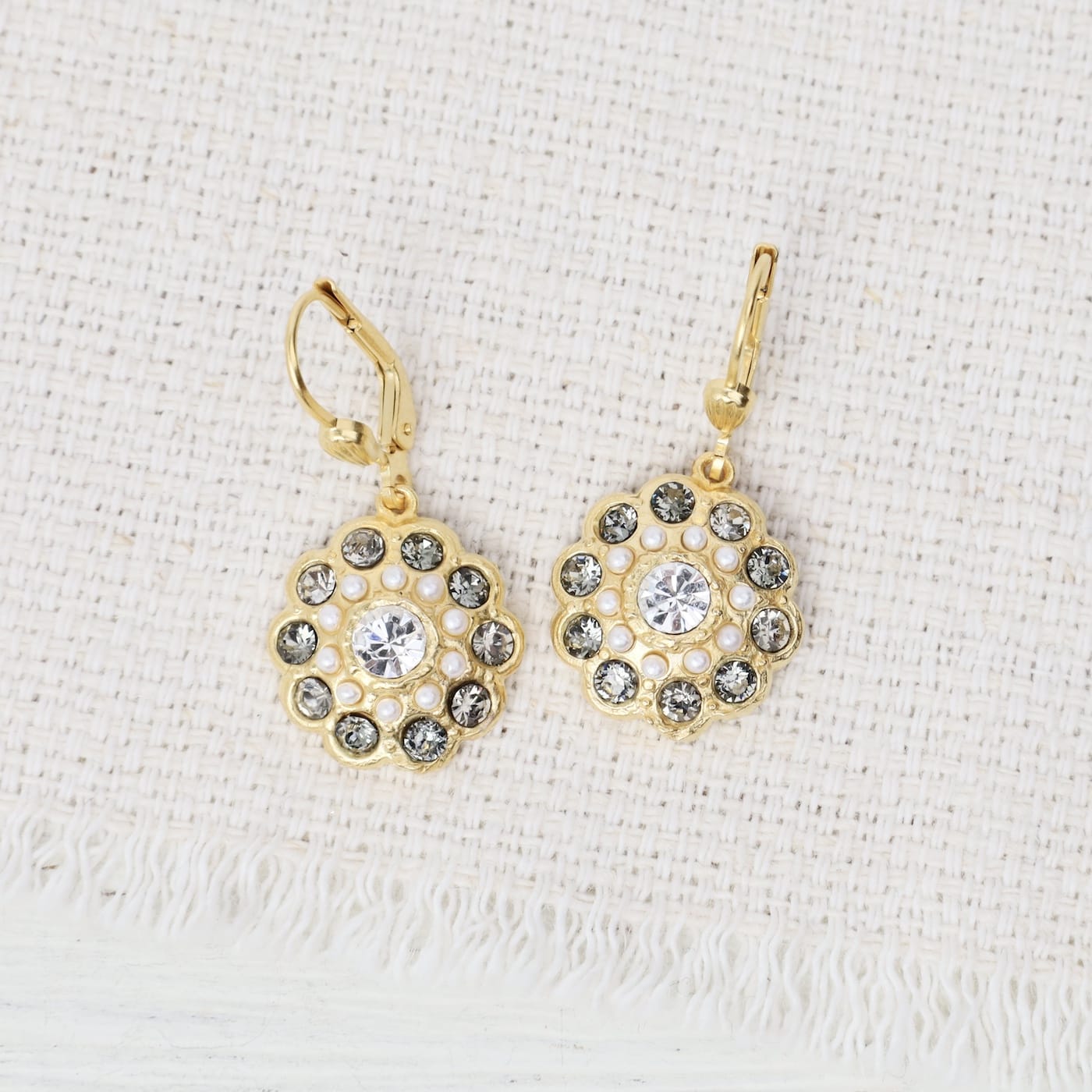 EAR-JM Black Diamond and Pearl Flower Earrings- Gold Plat