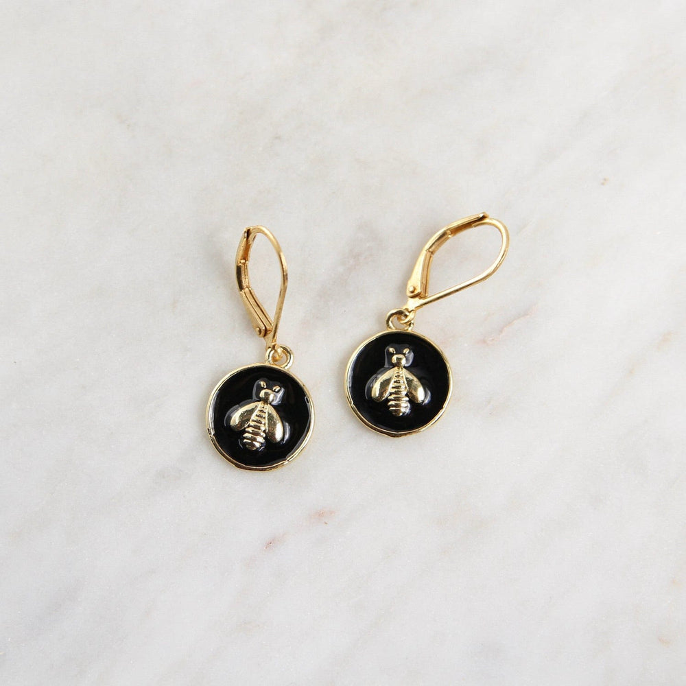 EAR-JM Black Enamel Bee Drop Earring - Gold Plate