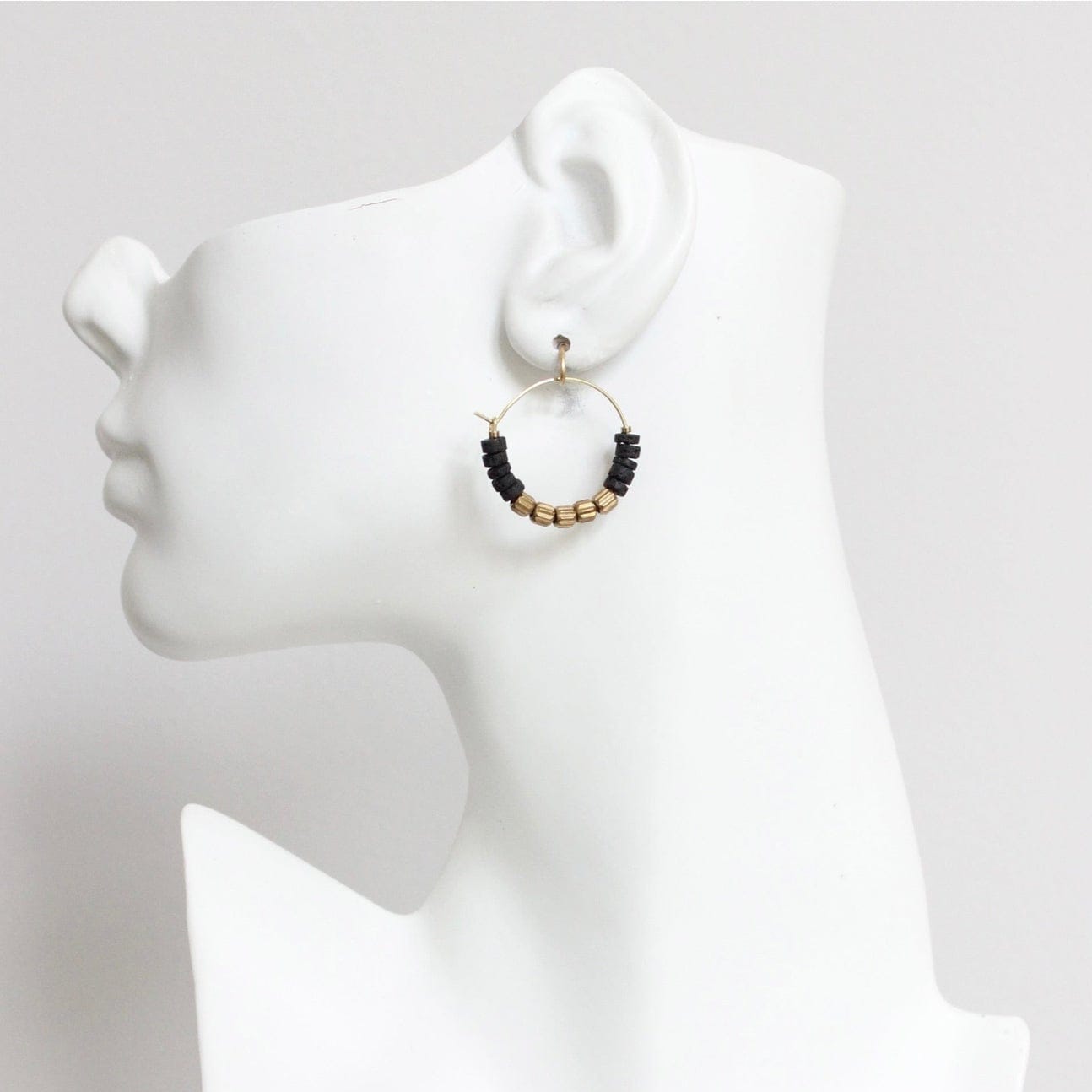 EAR-JM Black Lava Beads and Brass Hoop Earrings