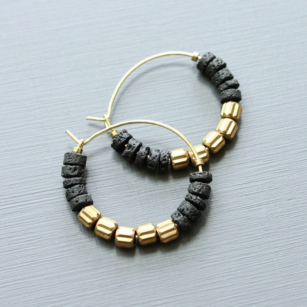 EAR-JM Black Lava Beads and Brass Hoop Earrings