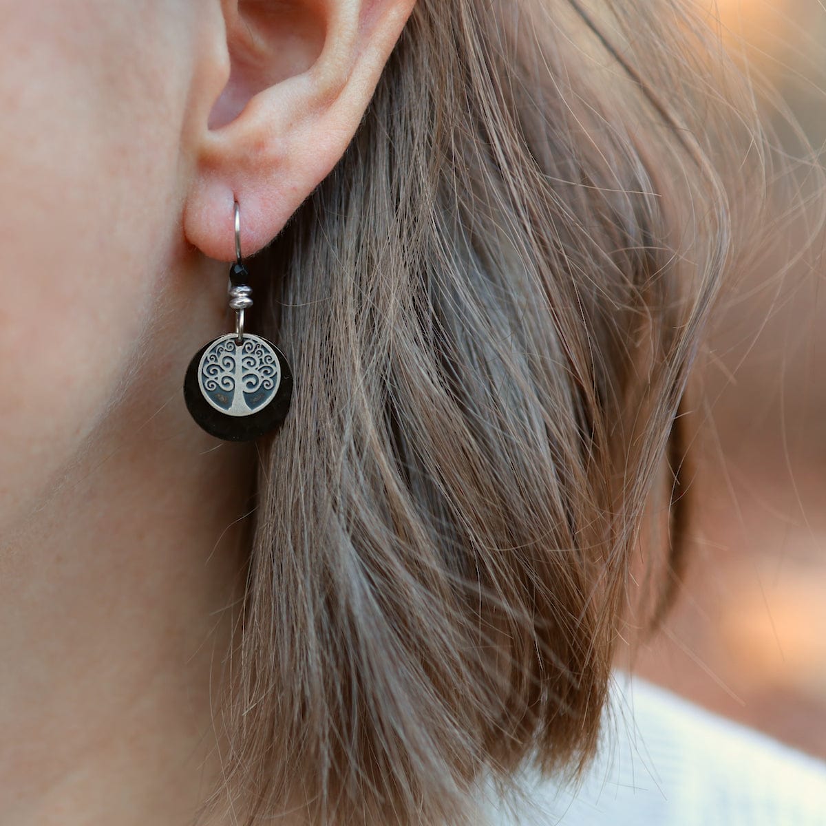 EAR-JM Black Small Round Tree of Life Earrings