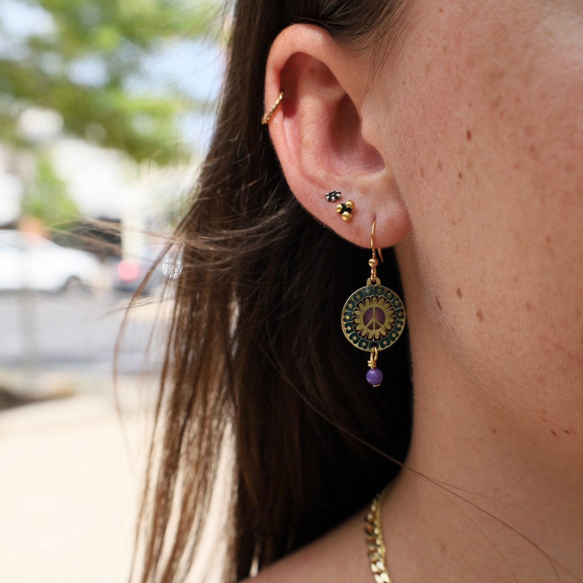 EAR-JM Brass Peace Mandala in Blue/Purple Earrings