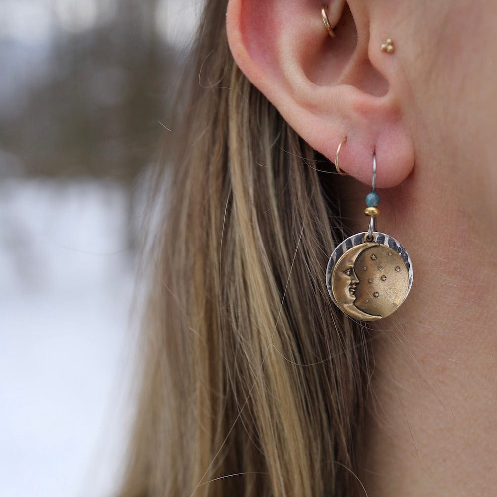 EAR-JM Brass Stamped Man in the Moon on Hammered Disc Earrings
