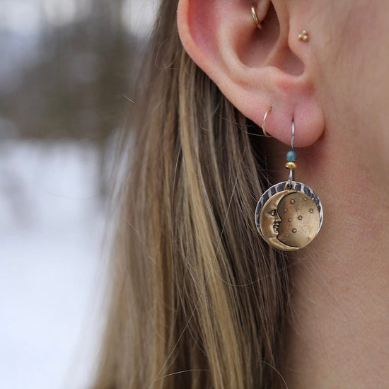 EAR-JM Brass Stamped Man in the Moon on Hammered Disc Earrings