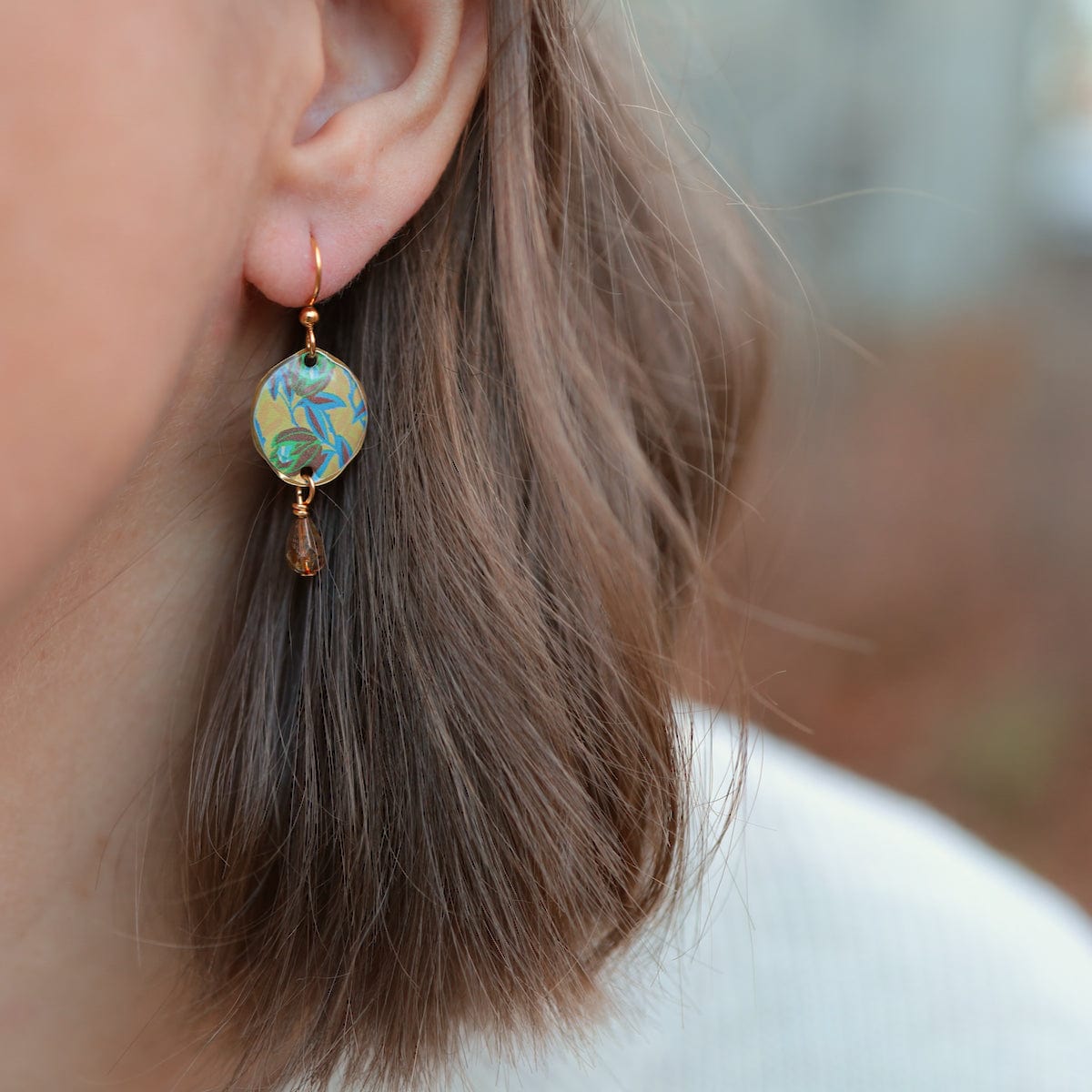 EAR-JM Brown & Yellow Flower Oval with Brown Crystal Earrings
