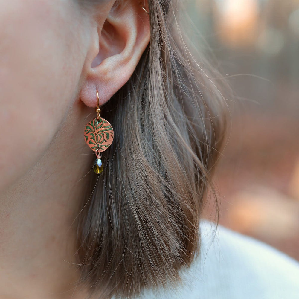 EAR-JM Copper Flower Burst with Green Dangle Earrings