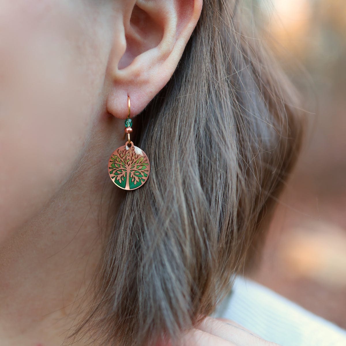 EAR-JM Copper Green Ombre Tree Of Life Earrings