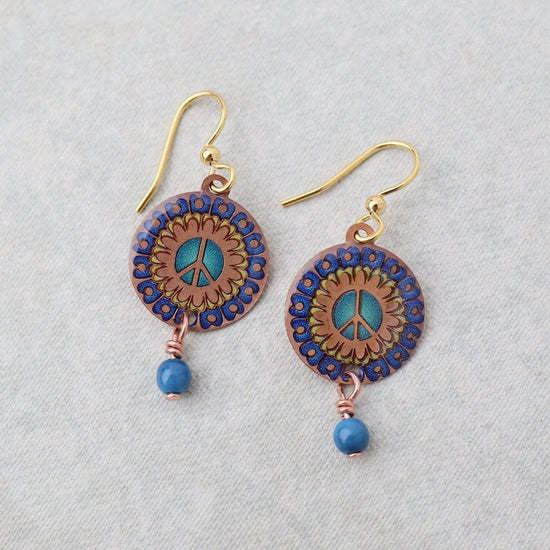EAR-JM Copper Peace Mandala Earrings in Blue with Danglin