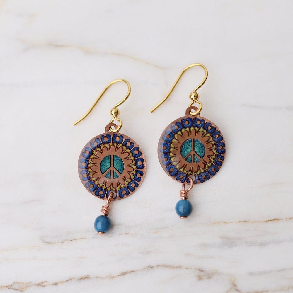 EAR-JM Copper Peace Mandala Earrings in Blue with Danglin