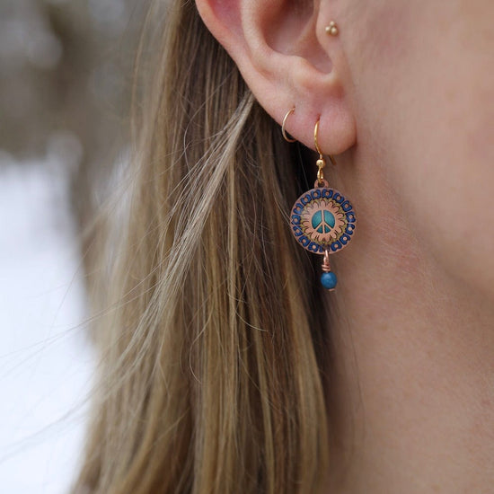 EAR-JM Copper Peace Mandala Earrings in Blue with Dangling Beads