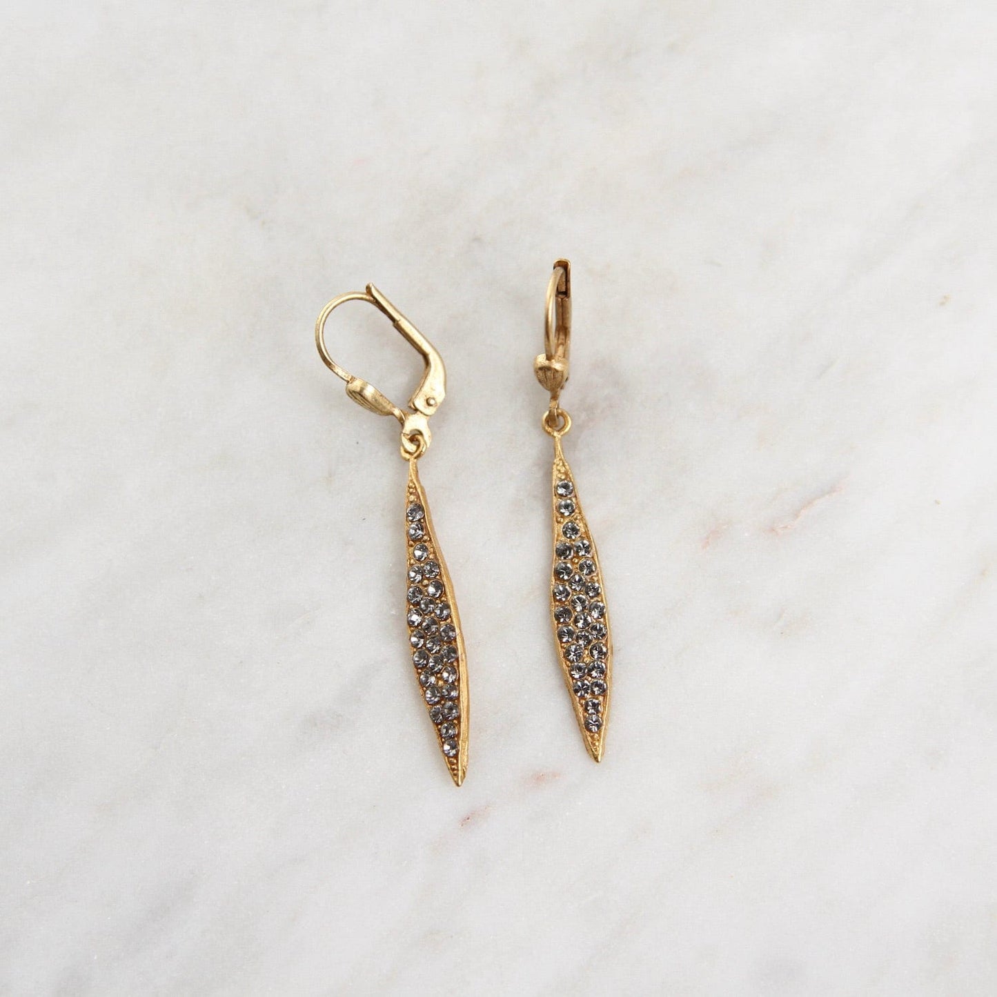 EAR-JM Crystal Encrursted Willow Leaf Earring - Gold Plate