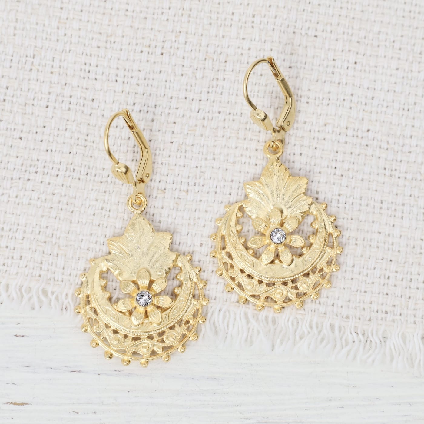 EAR-JM Crystal Leaf Flow Earrings- Gold Plate