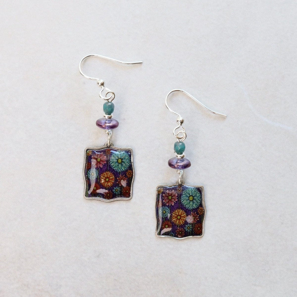 EAR-JM Dandelion Wisps Square Earrings with Purple Beads