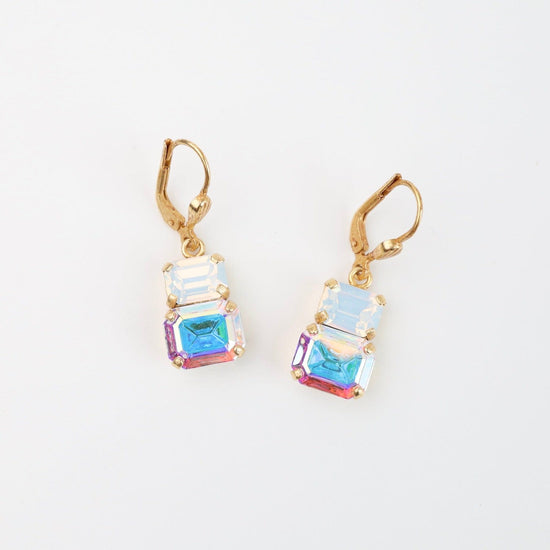 EAR-JM Double Crystal Drop White Opal & Aurora Borealis Earring