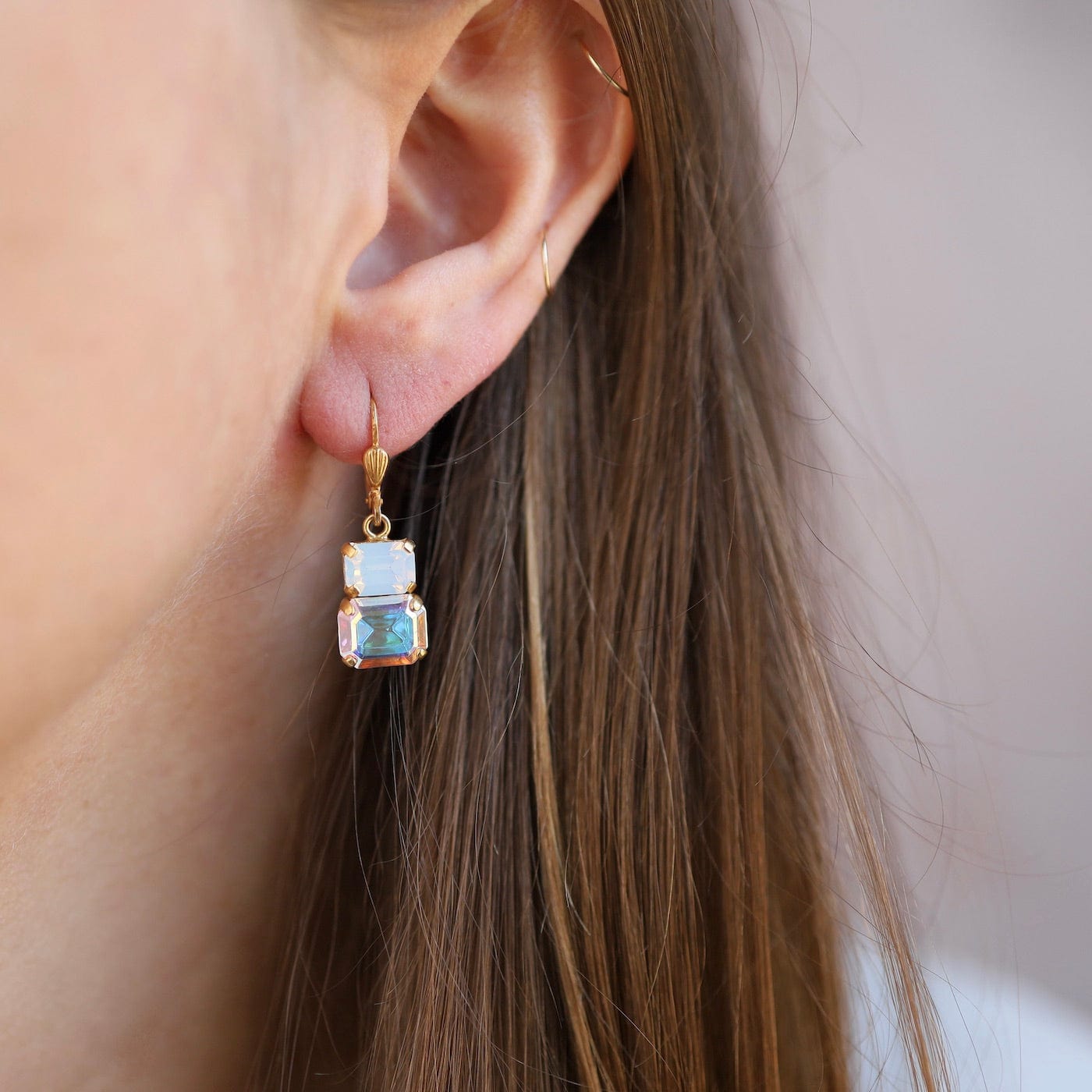 EAR-JM Double Crystal Drop White Opal & Aurora Borealis Earring