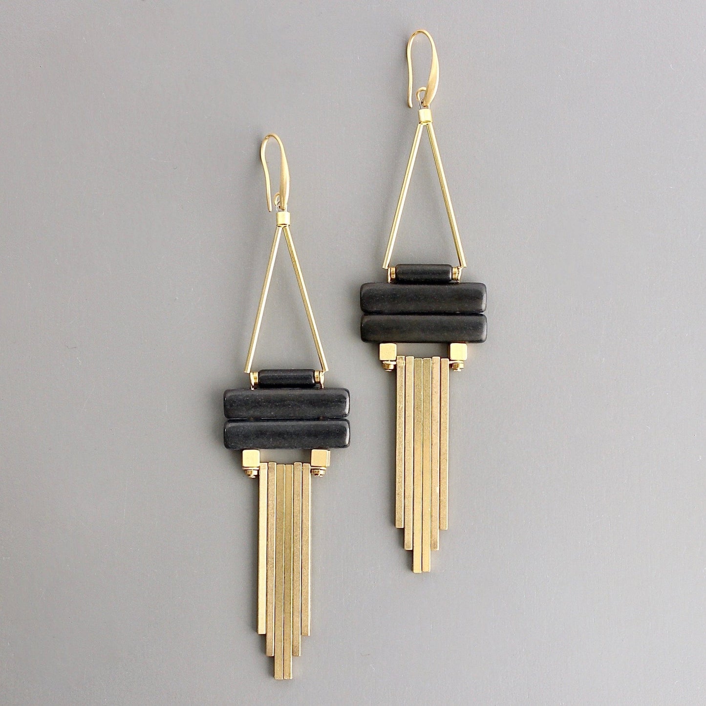 EAR-JM Geometric Black Magnesite and Brass Earrings