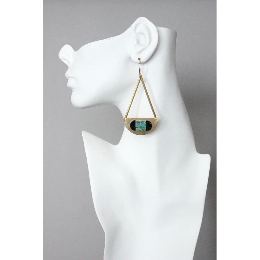 EAR-JM Geometric Green Turquoise and Brass Earrings