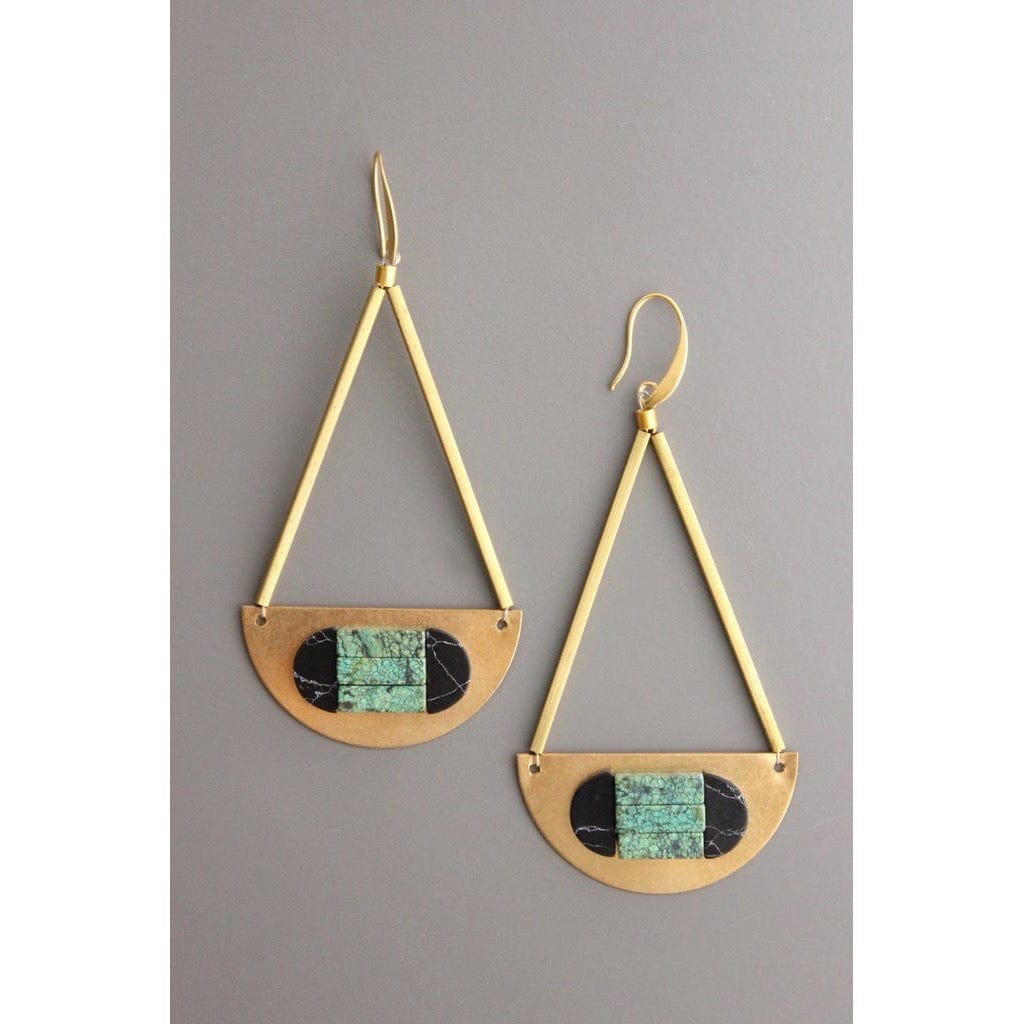 EAR-JM Geometric Green Turquoise and Brass Earrings
