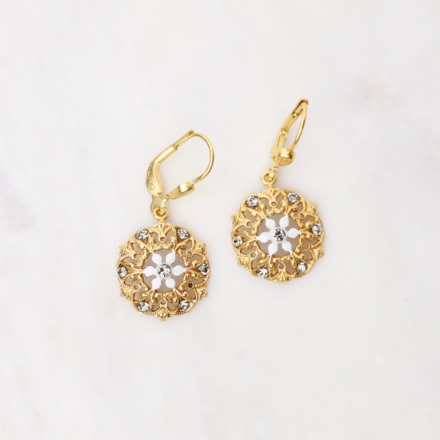 EAR-JM Gold Filigree Earrings with White Enamel Flower & Crystals