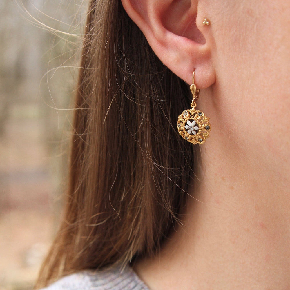 EAR-JM Gold Filigree Earrings with White Enamel Flower & Crystals