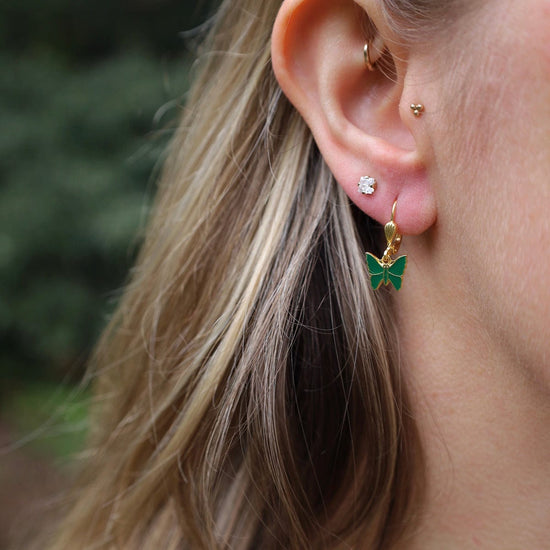 EAR-JM Gold Green Enamel Butterfly Earrings