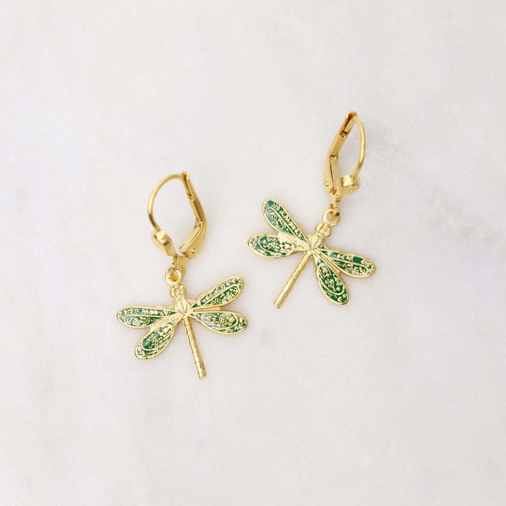 EAR-JM Gold Green Enamel Dragonfly Earrings