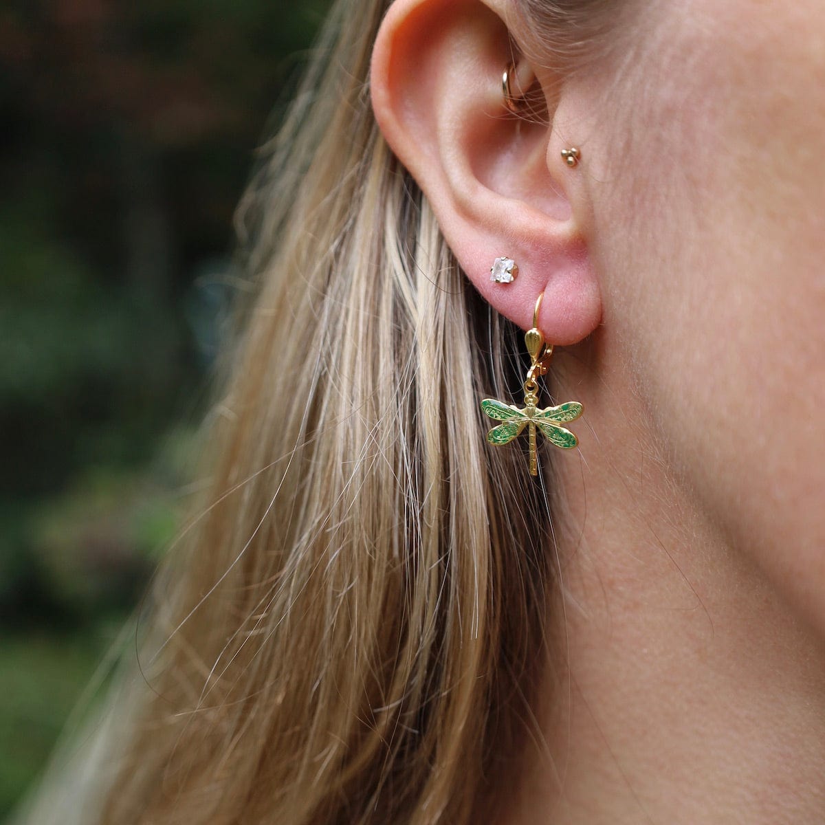 EAR-JM Gold Green Enamel Dragonfly Earrings