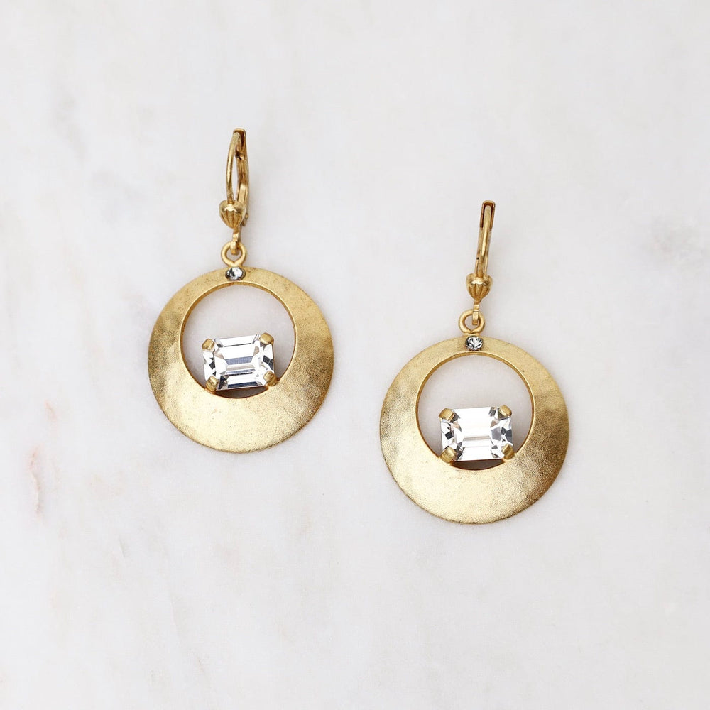 EAR-JM Gold Hammered Disc with Clear Crystal Earrings