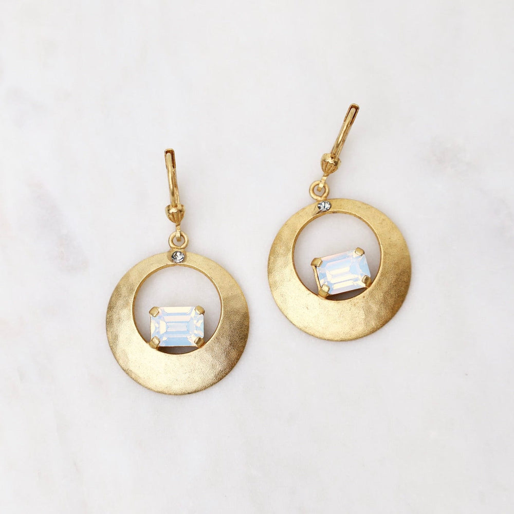 EAR-JM Gold Hammered Disc with White Opal Crystal Earrings