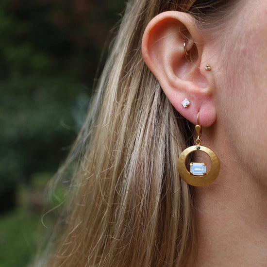 EAR-JM Gold Hammered Disc with White Opal Crystal Earrings