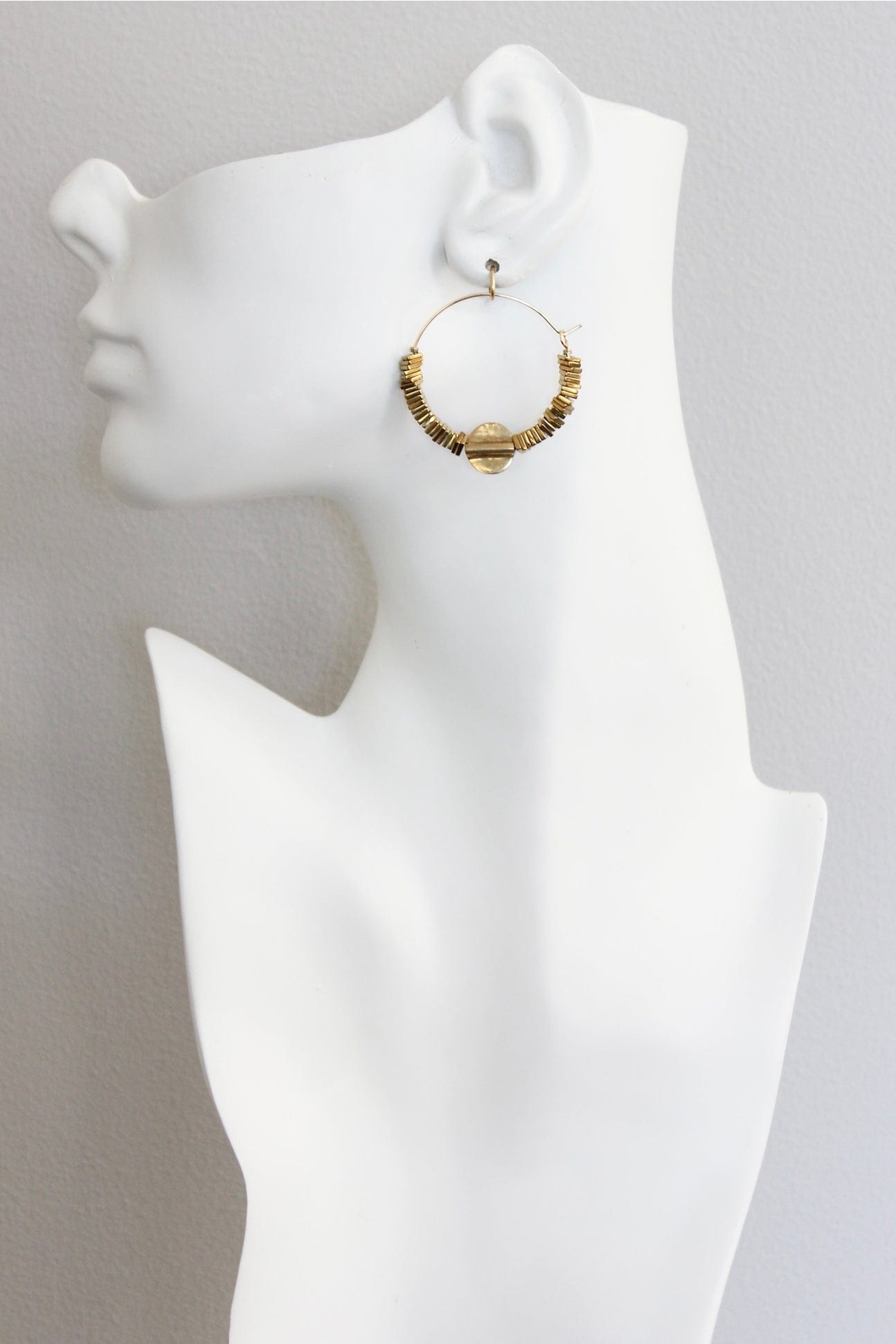EAR-JM Gold Hematite Hoop Earrings with Brass Beads
