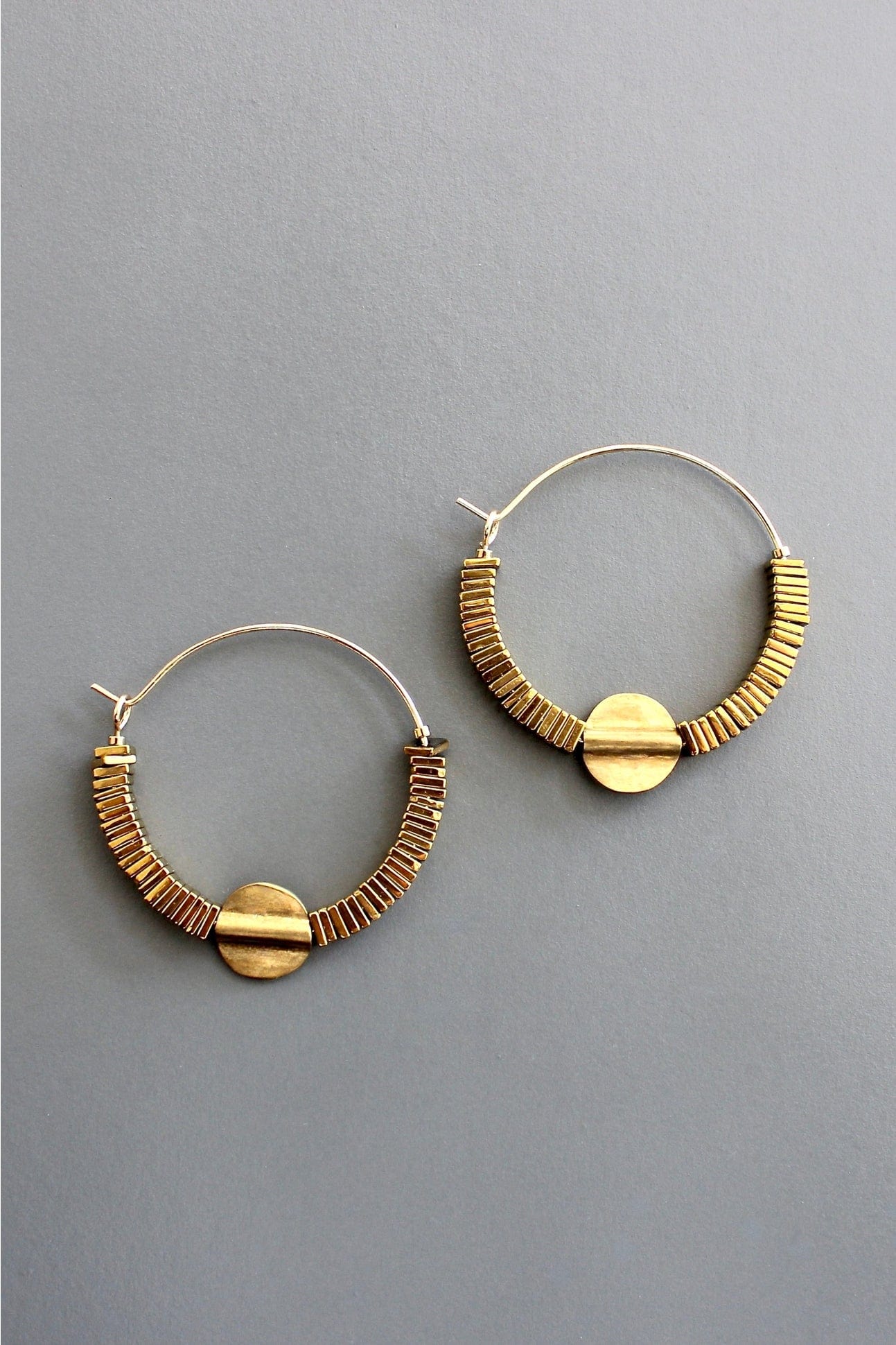 EAR-JM Gold Hematite Hoop Earrings with Brass Beads