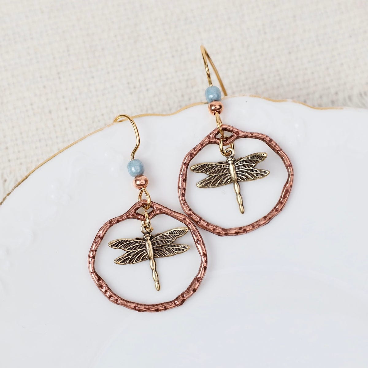 EAR-JM Gold Plated Dragonfly in Organic Copper Plated Hoo
