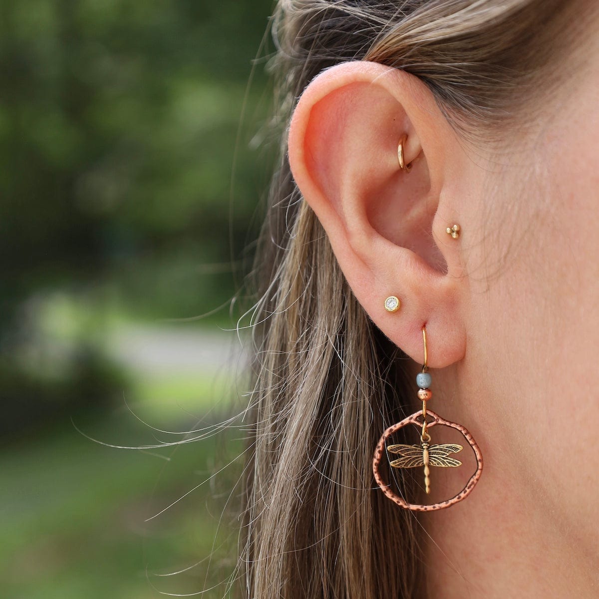 EAR-JM Gold Plated Dragonfly in Organic Copper Plated Hoop Earrings