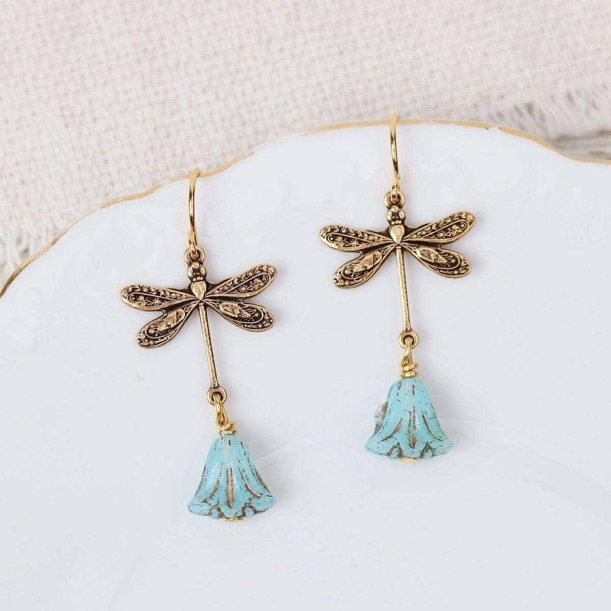 EAR-JM Gold Plated Dragonfly with Czech Glass Flower Earr