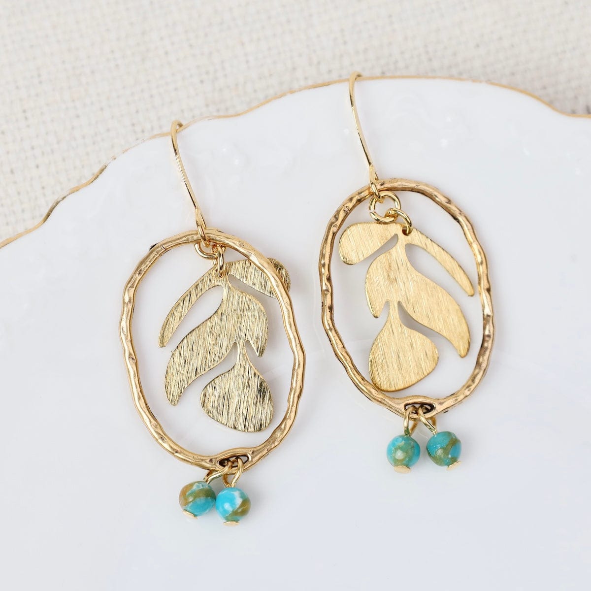 EAR-JM Gold Plated Leaf in Oval Hoop with Turquoise Earri