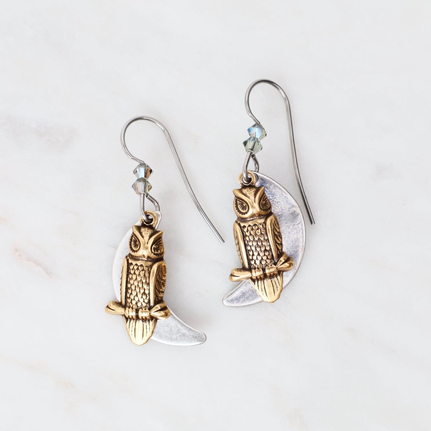 EAR-JM Gold Plated Owl on Silver Moon Earrings